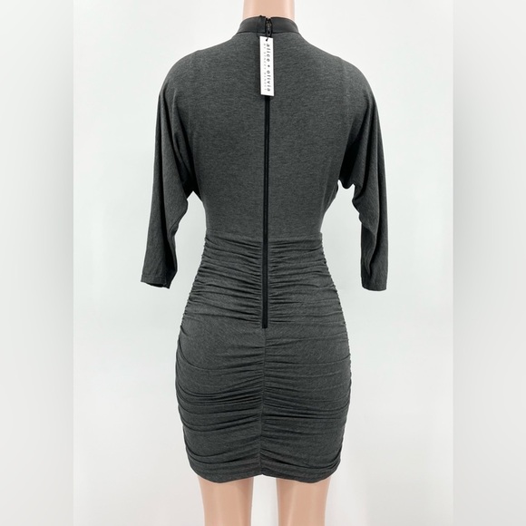 NWT Alice + Olivia Pace Dress in Charcoal Gray Ruched Knit Leather Neck Size 2 - Picture 2 of 16